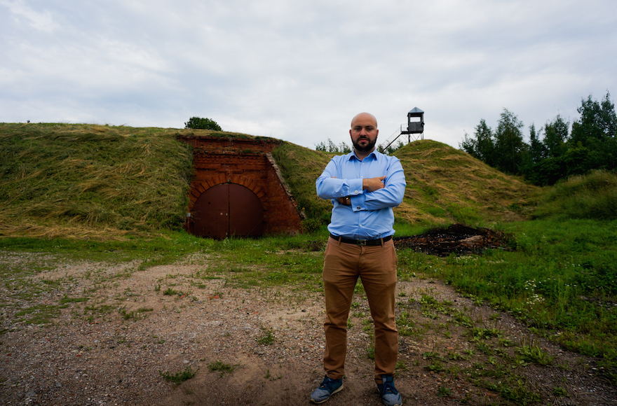Jonny Daniels, founder of Poland-based Holocaust commemoration group From the Depths at the entrance to the Seventh Fort in Kaunas, Lithuania, on July 12, 2016. (JTA/Cnaan Liphshiz) 